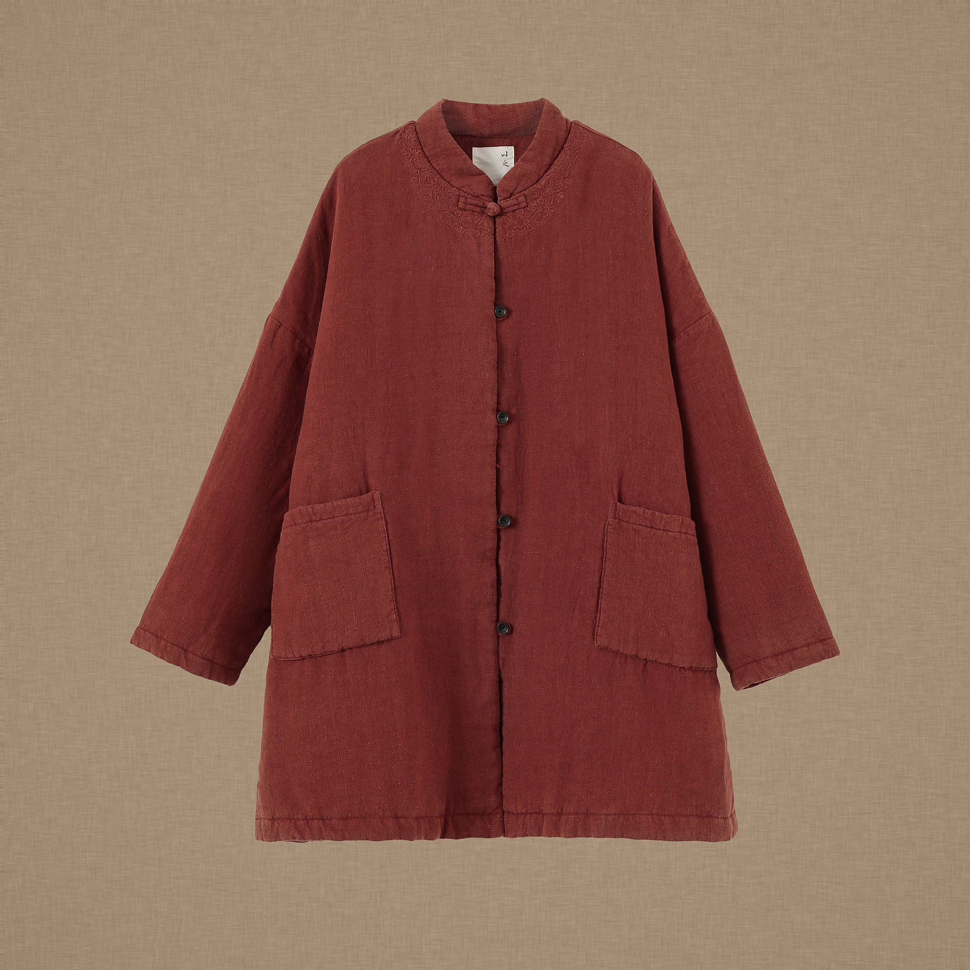 【以之】设计师品牌原创复古亚麻领口刺绣棉衣外套中式大码棉服