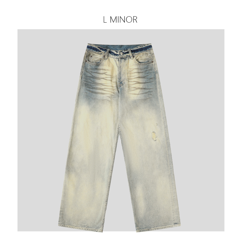 【AC】1981M手绘涂鸦猫须撞色低腰浅蓝雪花水洗喷砂做旧脏脏牛仔裤