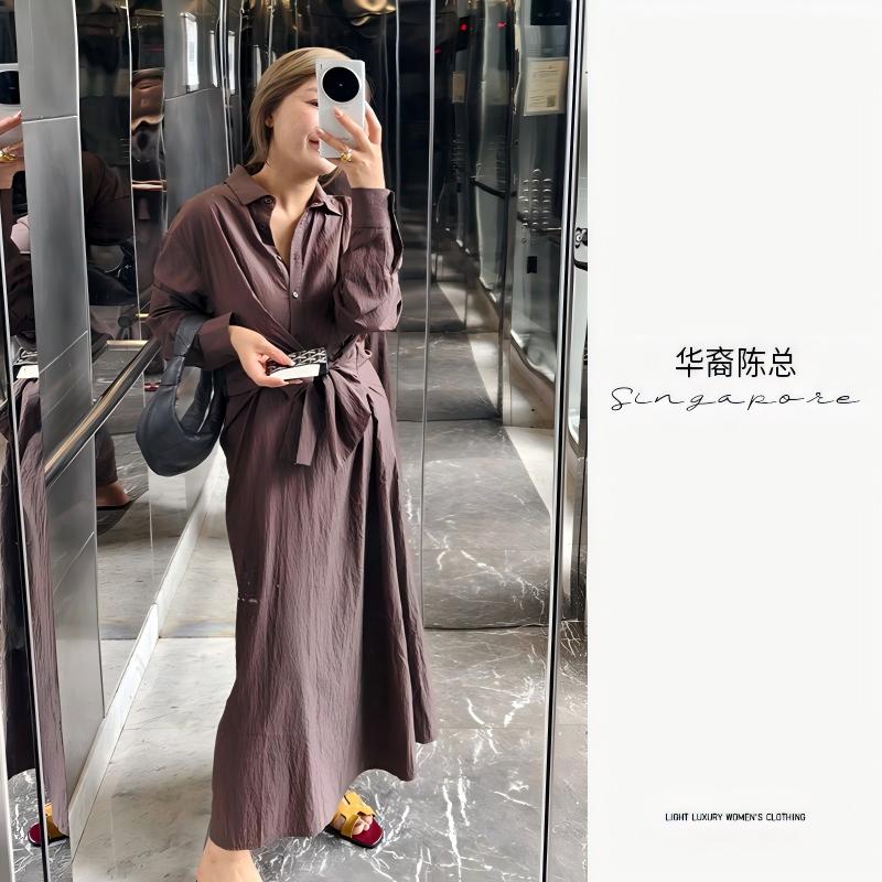 华裔陈总【暗影】不规则裁剪收腰时髦长款衬衫式连衣裙LYQ-10031