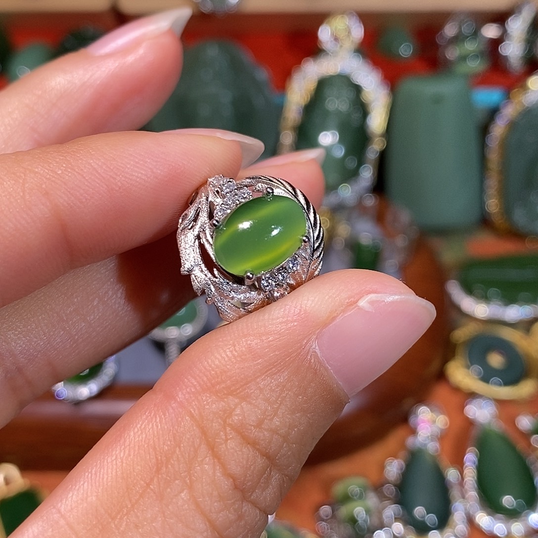 和田玉（碧玉）银S925镶嵌戒指