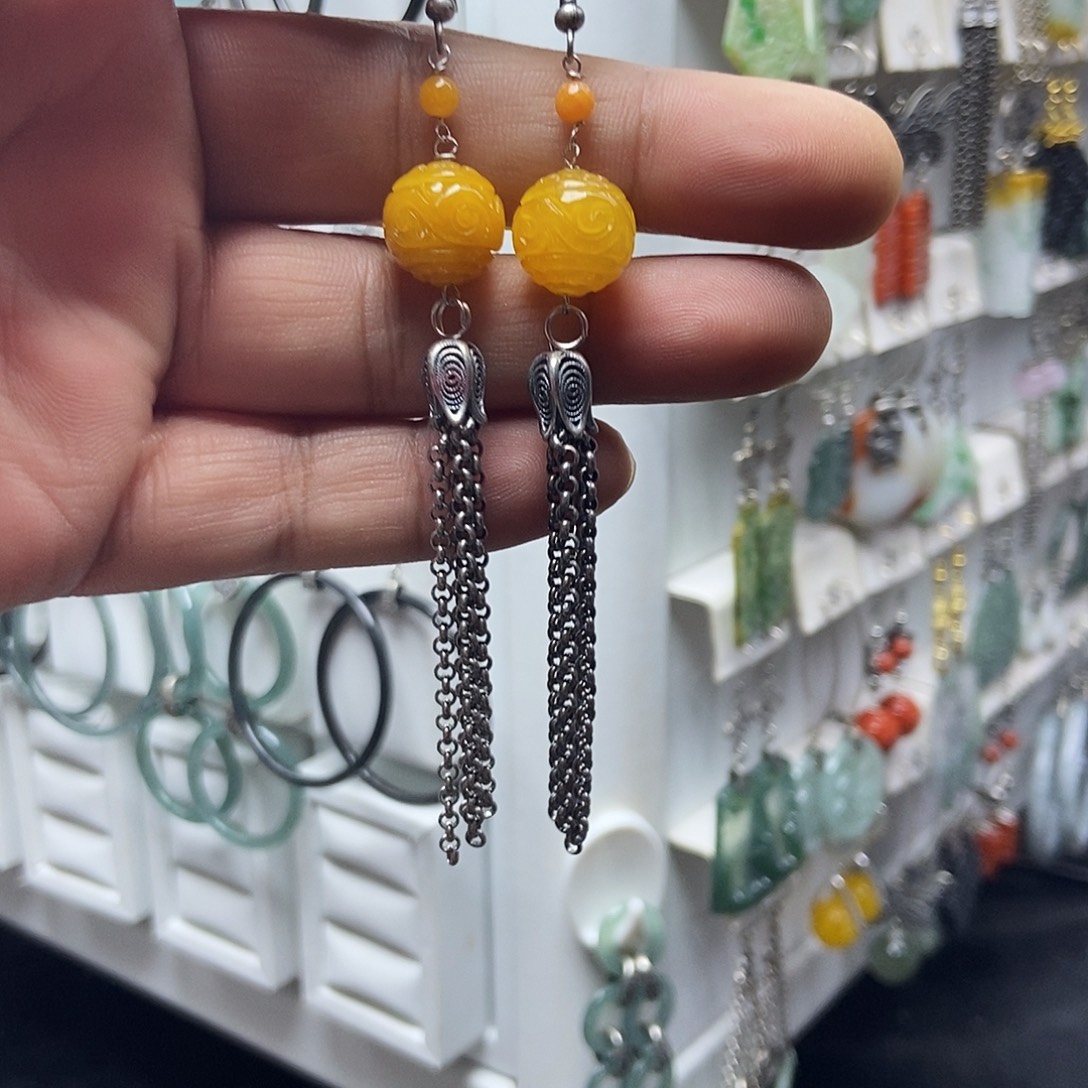 艺***画翡翠银S925镶嵌耳饰品质珠宝