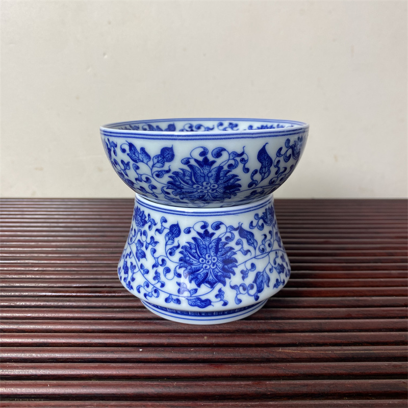 青花点绘缠枝莲茶漏家用全瓷一体茶叶过滤高温瓷釉下彩功夫茶具