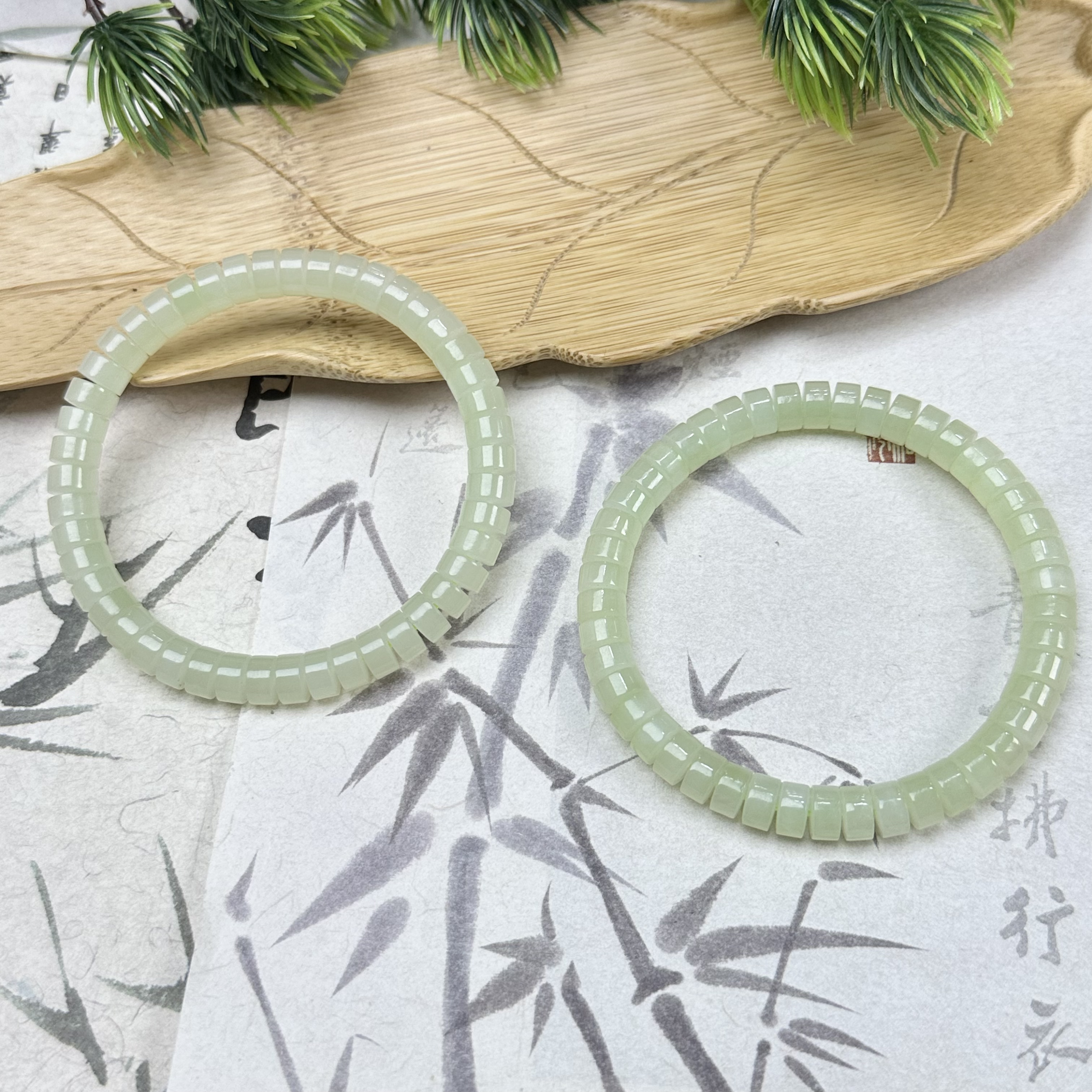 LJ99和田玉翠青药片直切手串7*4mm+多样性发其一