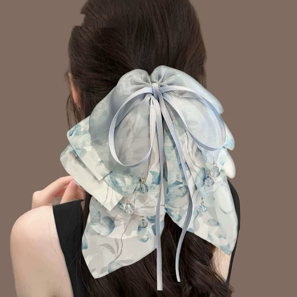 海盐蓝飘带蝴蝶结马尾抓夹女新款点缀高颅顶时尚发抓鲨鱼夹子2525