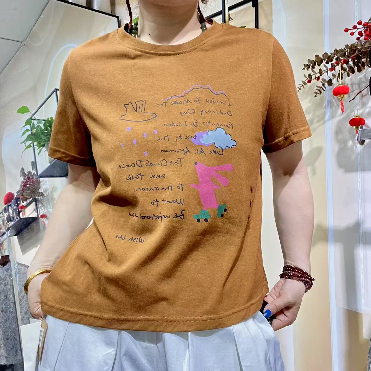 时尚站（C1）女士静奢风大版夏季印花绿色短袖百搭常规圆领T恤25072