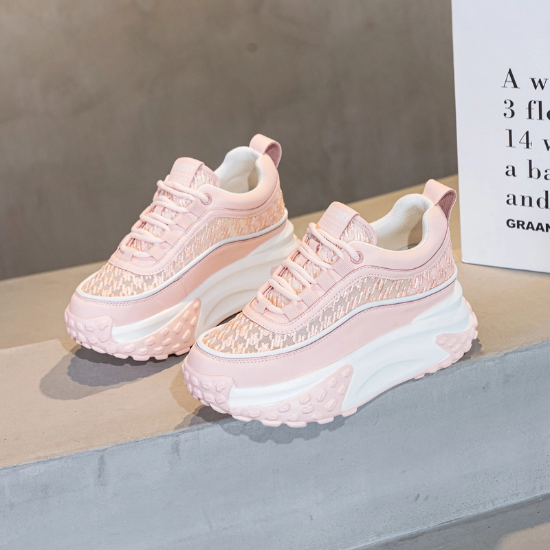 万达撤柜头层牛皮透气网面增高老爹鞋2025春夏季小白鞋女厚底女鞋