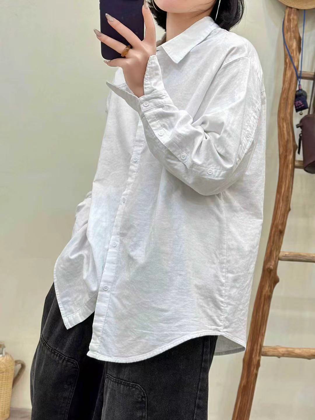 初秋新款纯棉衬衫女式宽松显瘦韩版简约小众设计感减龄上衣25055