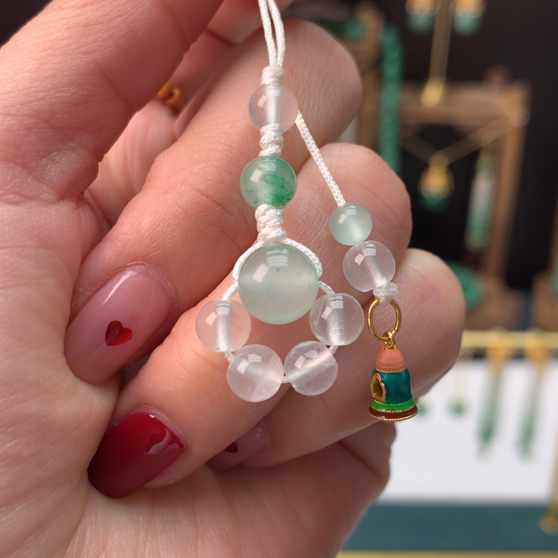 石英质玉冰飘花手机链银S925镀金镶嵌