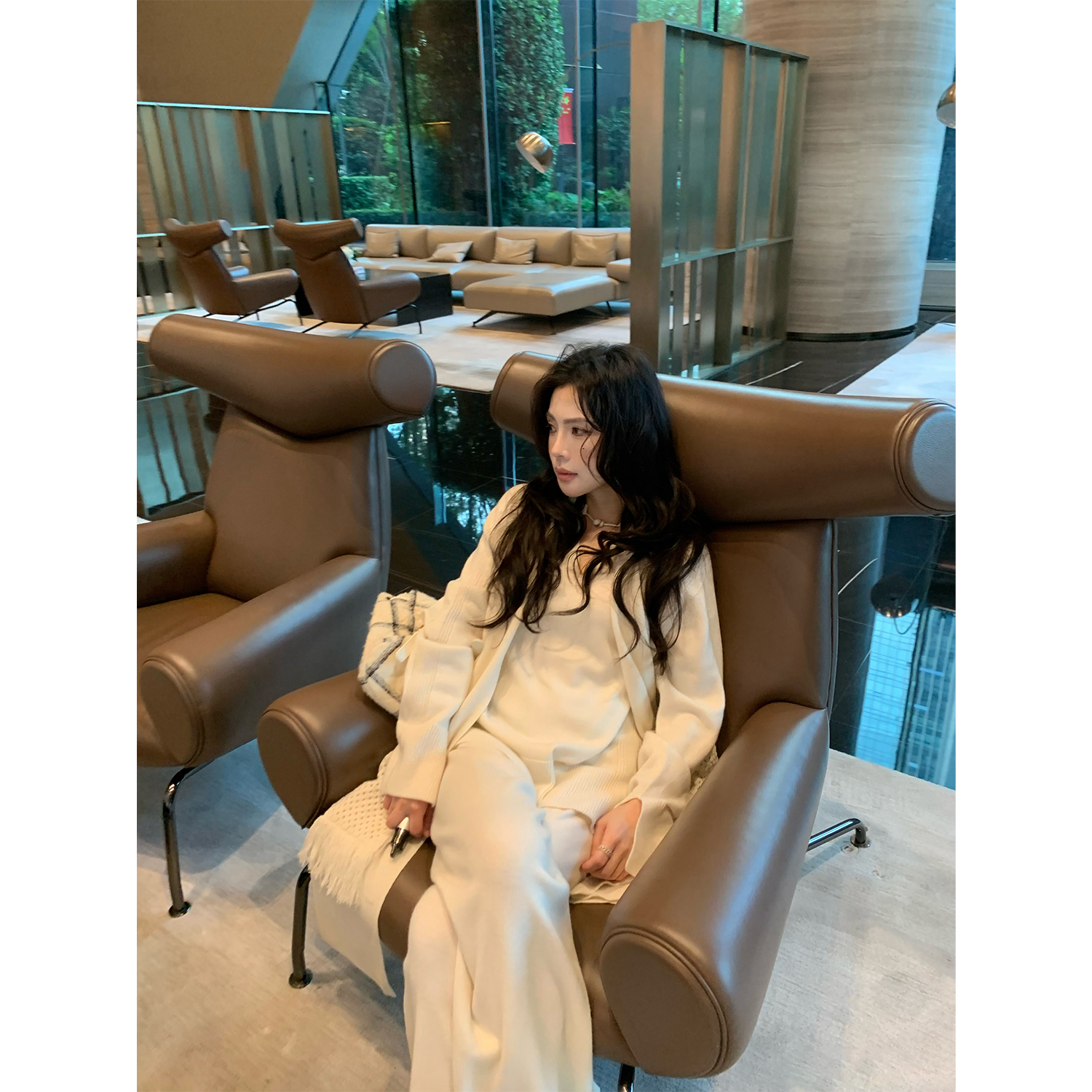 ASM ANNA/高支全羊毛编织流苏口袋围巾/毛衣/长裤A257AMY027