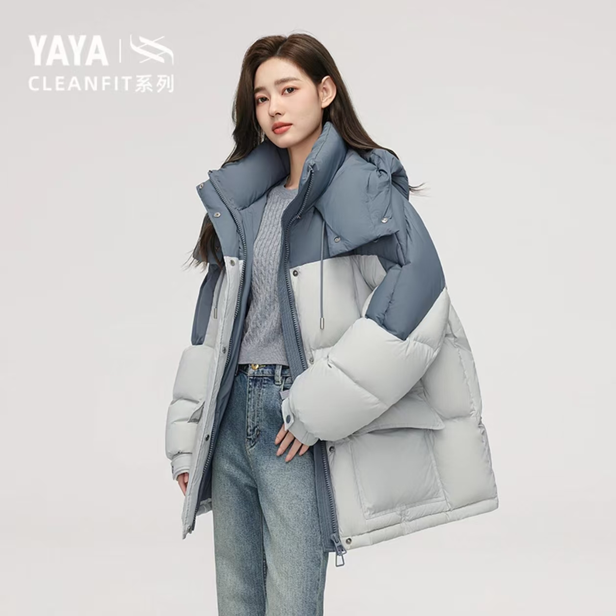 鸭鸭羽绒服都女中长款冬季时尚拼色羽绒服YE4B607791E