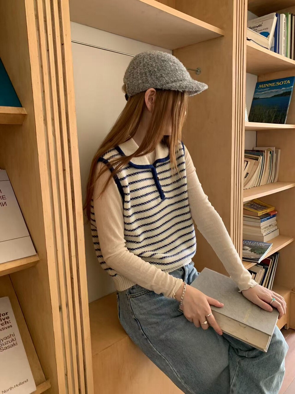 韩系条纹翻领小背心针织马甲无袖百搭羊毛衫