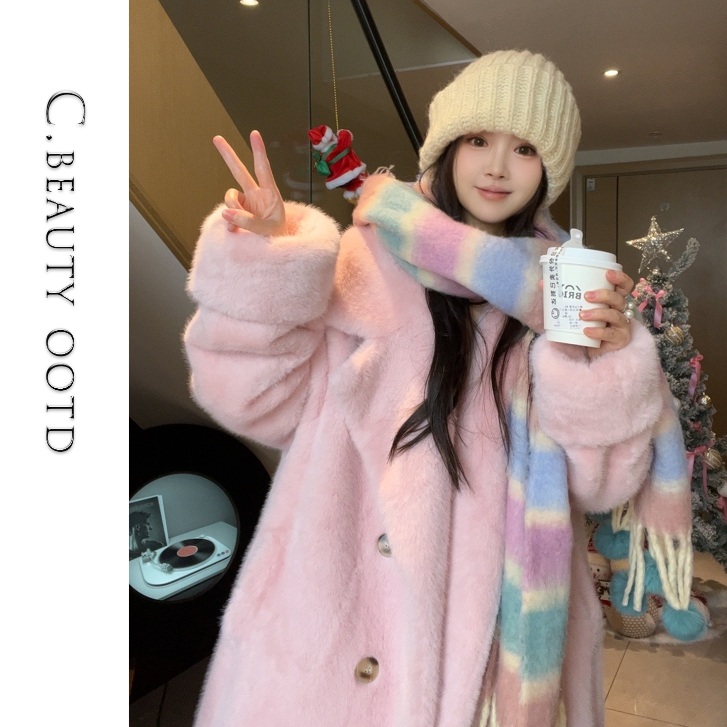 秋冬长款少女风马卡龙宽松型冬季毛呢外套外套
