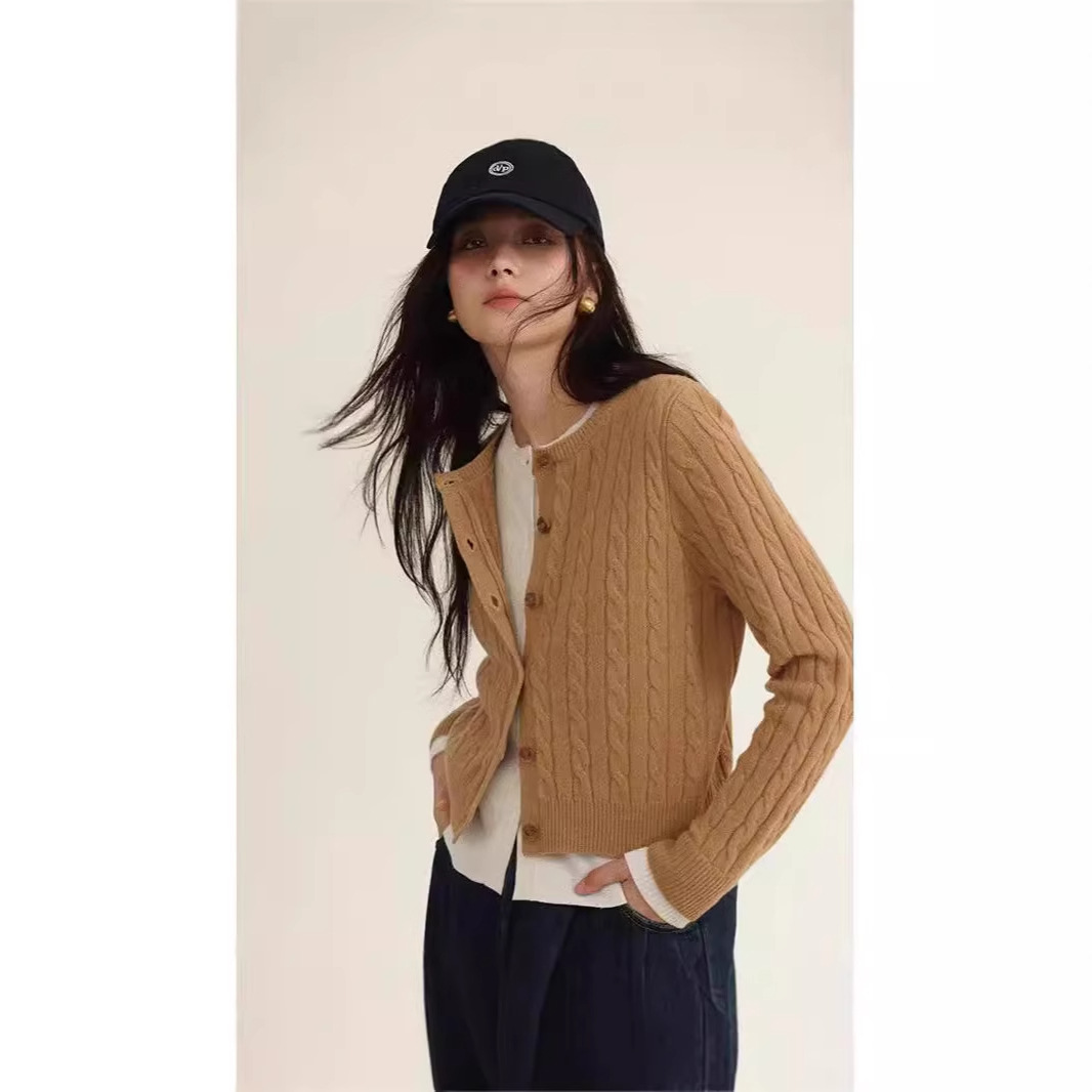 100%羊毛衫女韩系小众圆领假两件设计感针织开衫拼色长袖羊绒外套