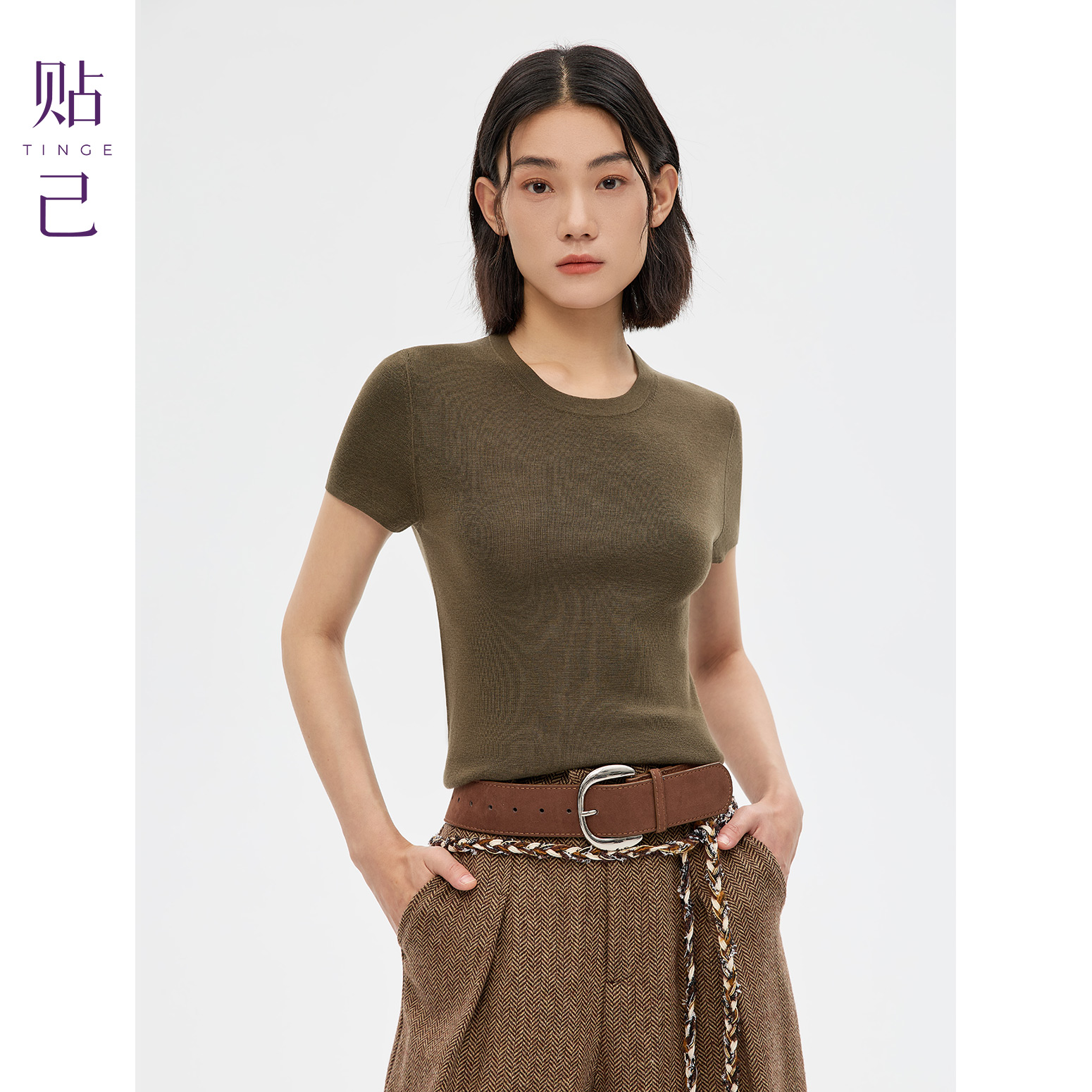 TINGE/贴己100%精纺纯羊毛针织短袖T恤女早秋新款修身打底上衣