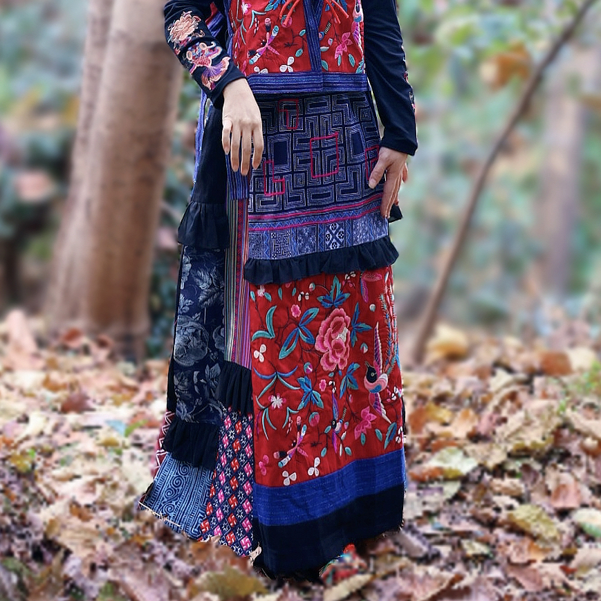 国风重工刺绣仿老绣拼布工艺原创设计文艺复古大摆半身长裙女长裙