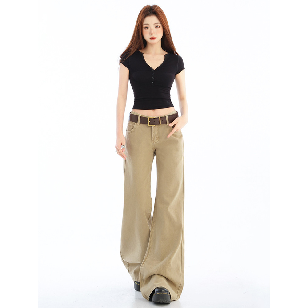 辣妹低腰卡其色微喇牛仔裤女美式复古宽松不贴腿窄版直筒喇叭裤子