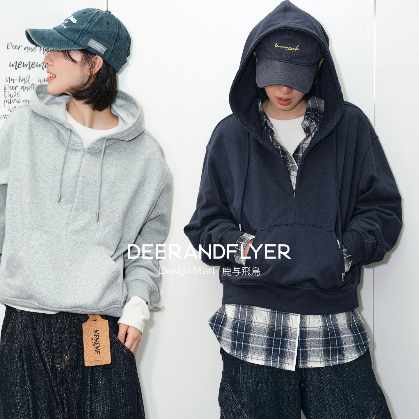 鹿与飞鸟“银河果酱”420g混棉 半门襟拉链两色套头连帽卫衣7078