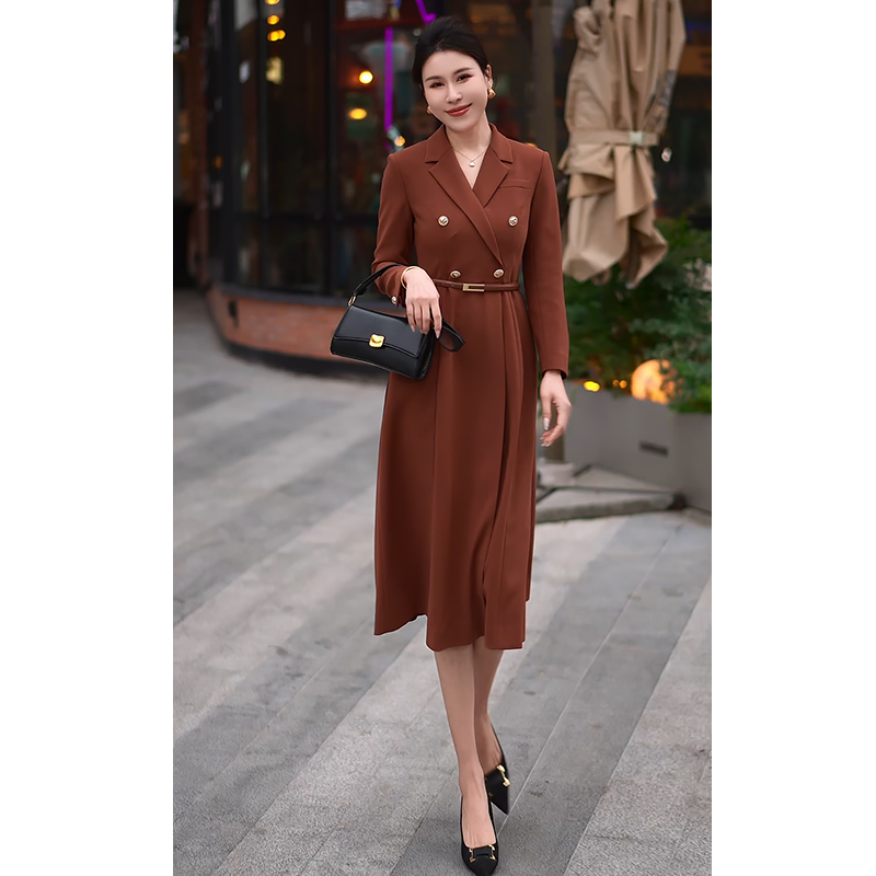 净色长袖时尚2026年春季连衣裙收腰名媛法式常规宴会