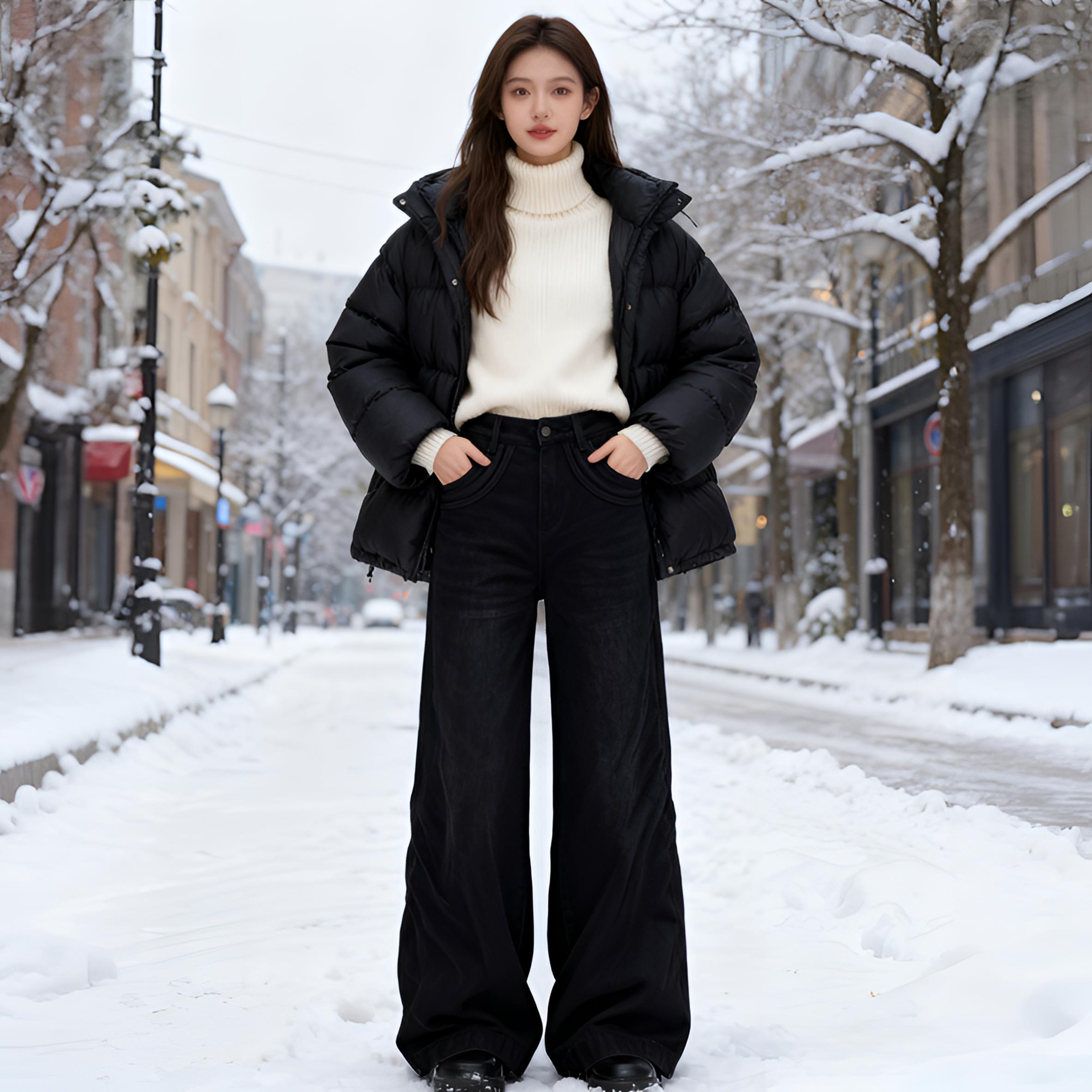 61128-1高腰直筒牛仔裤长裤轻职风女士阔腿加绒加厚女宽松时尚