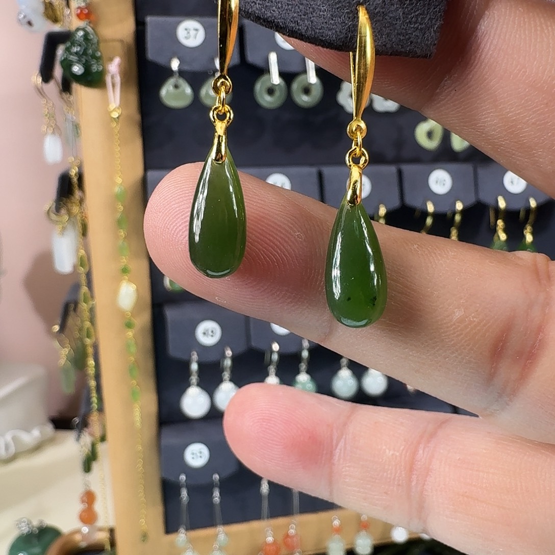 笑***物和田玉银S925镶嵌耳饰