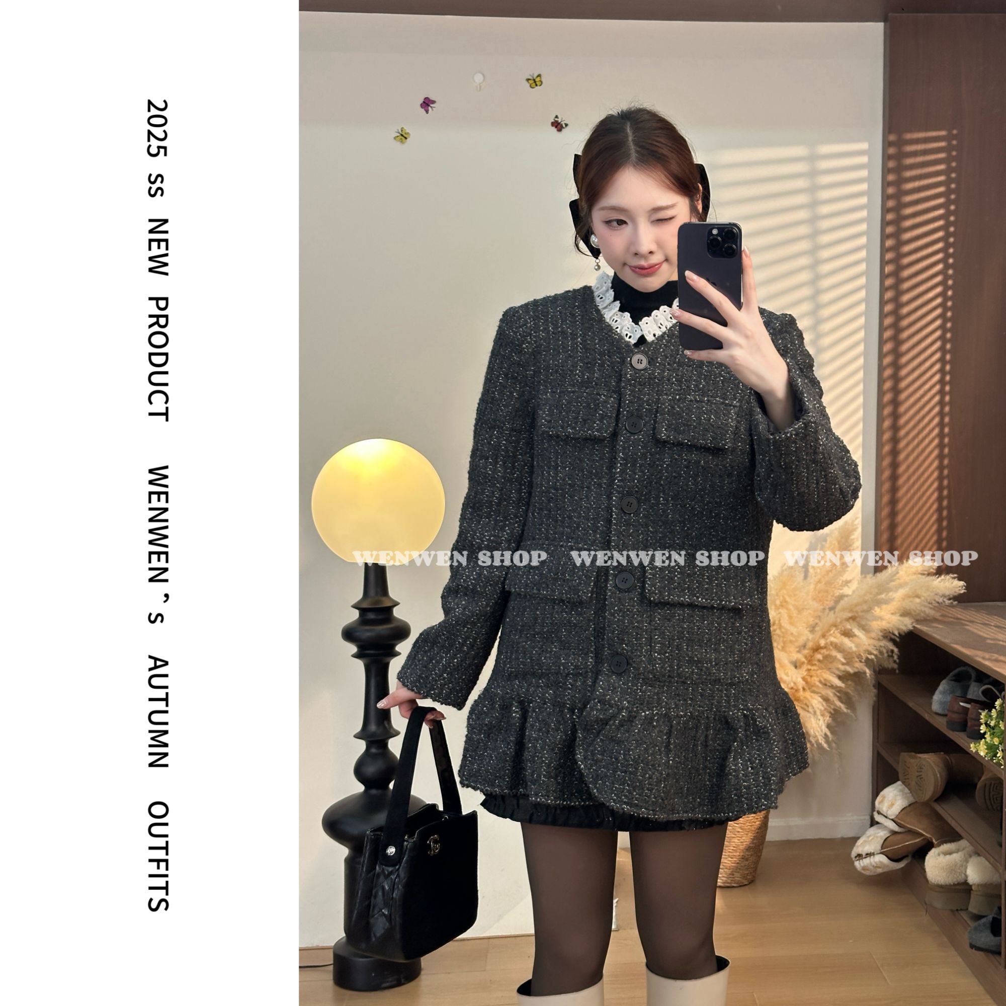 【小闻定制】冬季新款设计感宽松羽绒保暖拼接领子连衣裙2580104