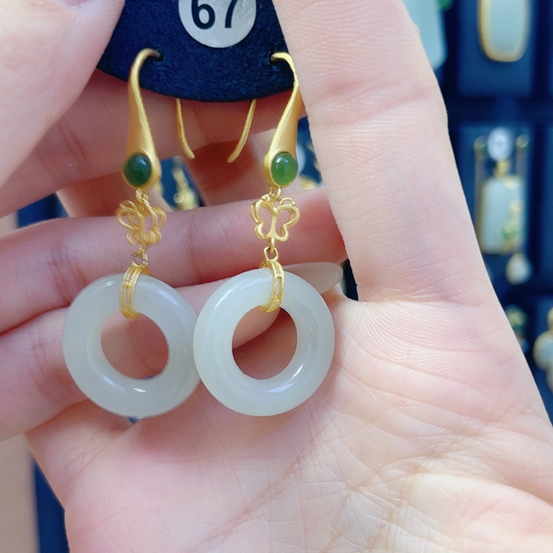 和田玉银S925镀金镶嵌耳饰