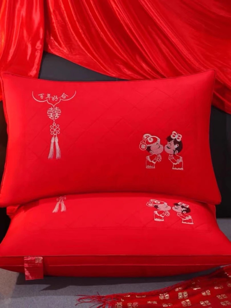 婚庆全棉100%棉刺绣枕芯大红色结婚