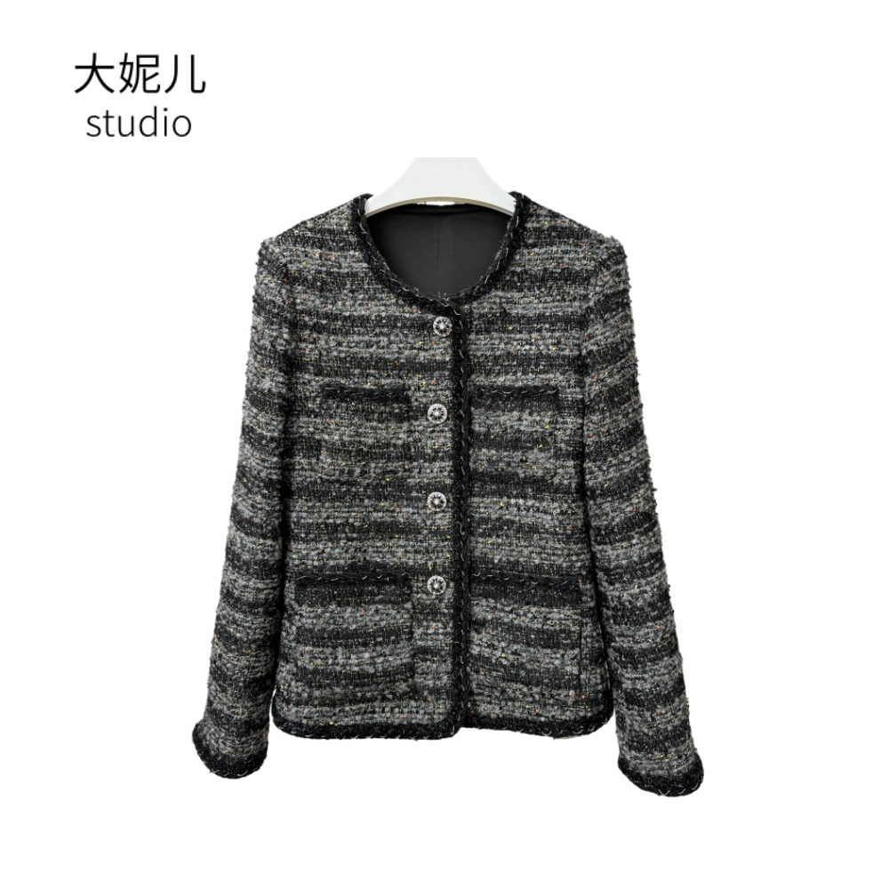 【星沙】秋冬厚款法式时尚高级感灰黑色粗花呢小香风外套女中长上衣