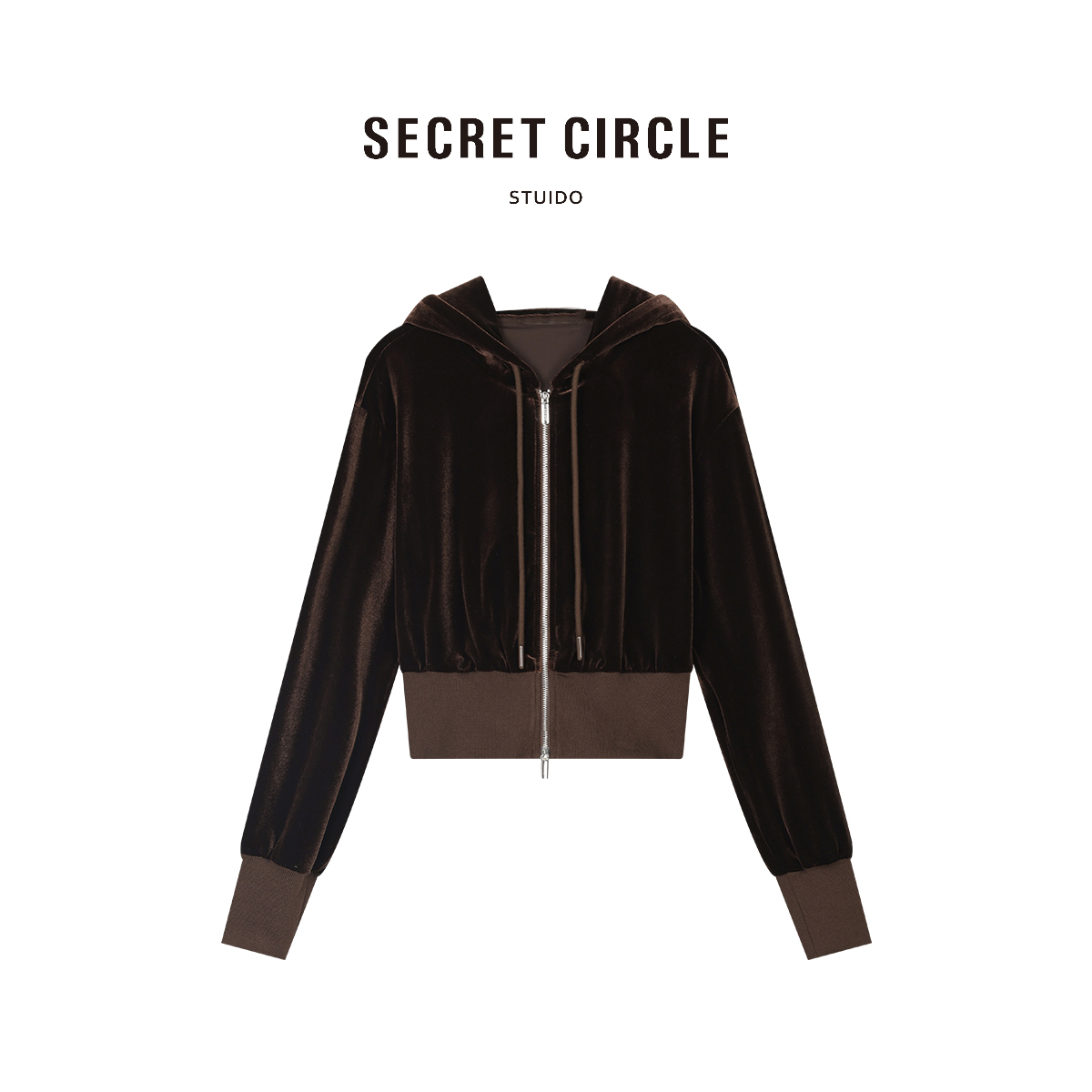 【楚铃专属】 · 咖色丝绒短款连帽系绳外套袖口下摆19190
