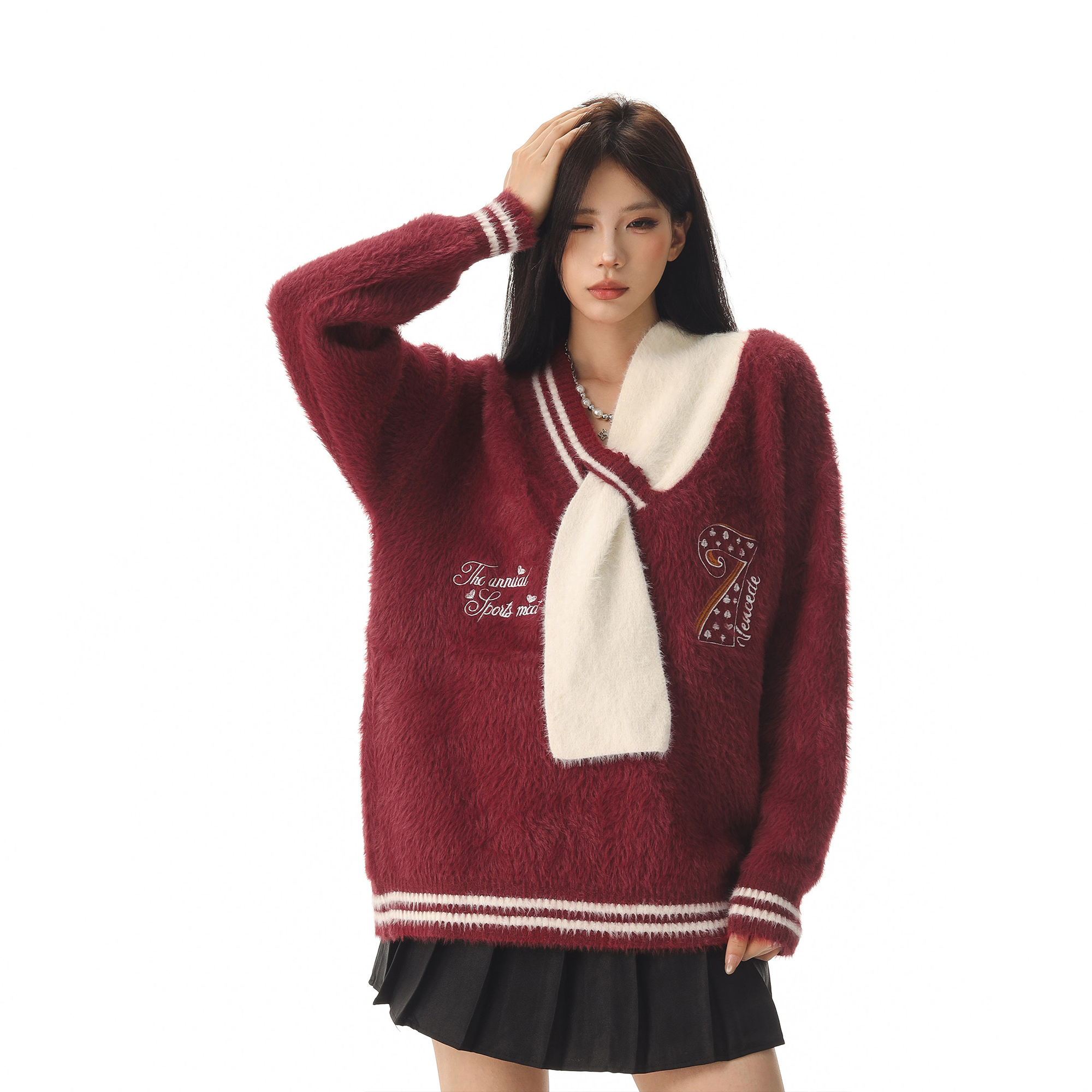 啤酒队长 秋冬圣诞氛围感配围巾设计感红色毛衣慵懒软糯毛针织衫