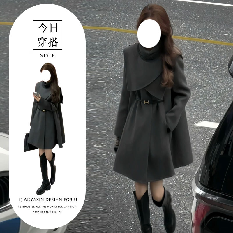 秋季新款可拆卸斗篷毛呢大衣中长款修身显瘦时髦洋气两件套女