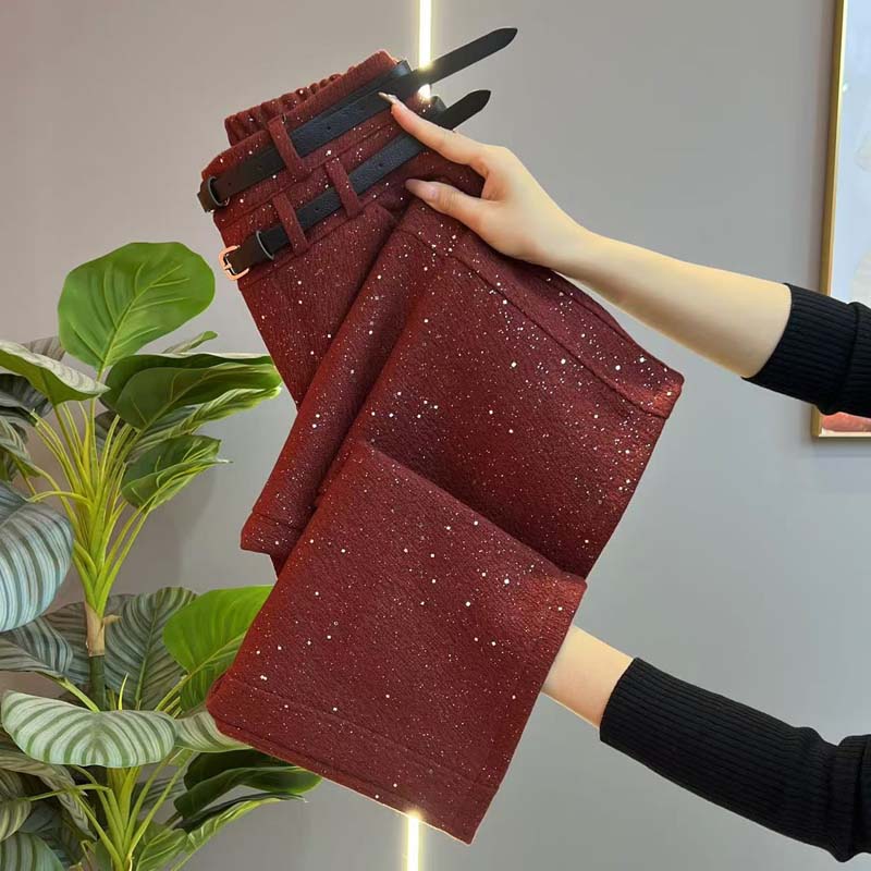 双腰带毛呢哈伦裤女高腰2025春季新款时尚宽松亮片直筒九分休闲裤