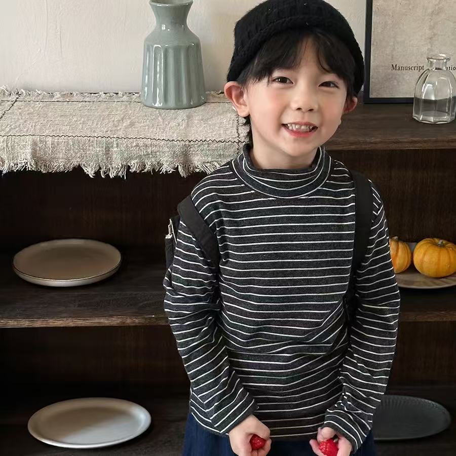 5939男女童个性潮流时尚休闲百搭秋冬季磨毛加绒高领条纹打底