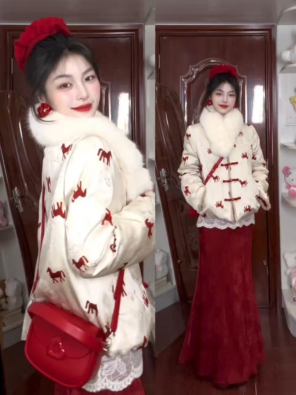 2025冬季新款新中式盘扣棉服外套蕾丝打底衫搭配半身裙气质三件套