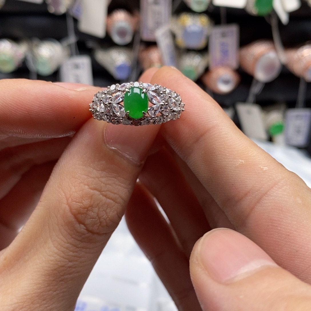 翡翠银S925镶嵌戒指天然缅甸翡翠a货