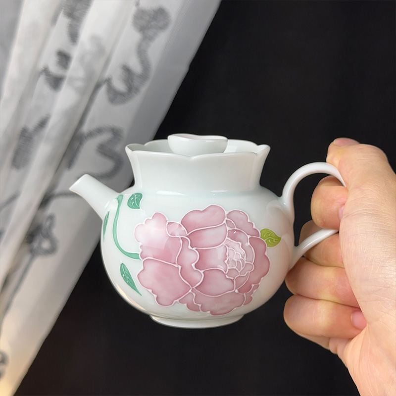 蔷薇花釉下彩泡茶壶手绘浮雕家用创意中式功夫茶具小茶壶石榴壶