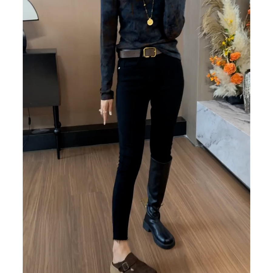 黑色高腰牛仔裤女2025秋冬加绒修身显瘦紧身弹力小个子九分小脚裤
