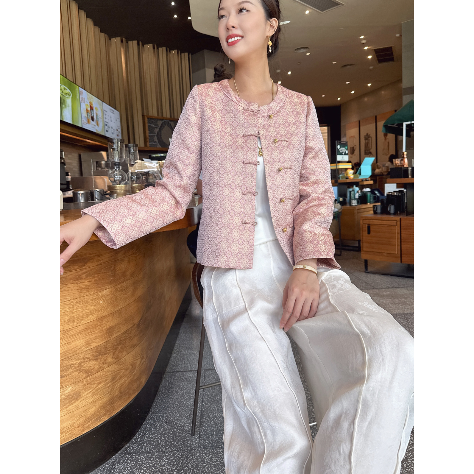 【深圳罗依】原创真丝短外套女桑蚕丝宋锦织金定胜纹长袖气质外套