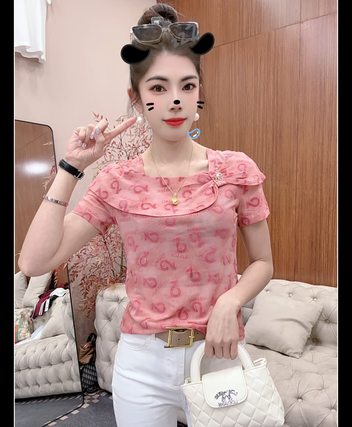 月月家，新款夏季减龄娃娃领网纱气质显瘦上衣527网纱网红打底衫