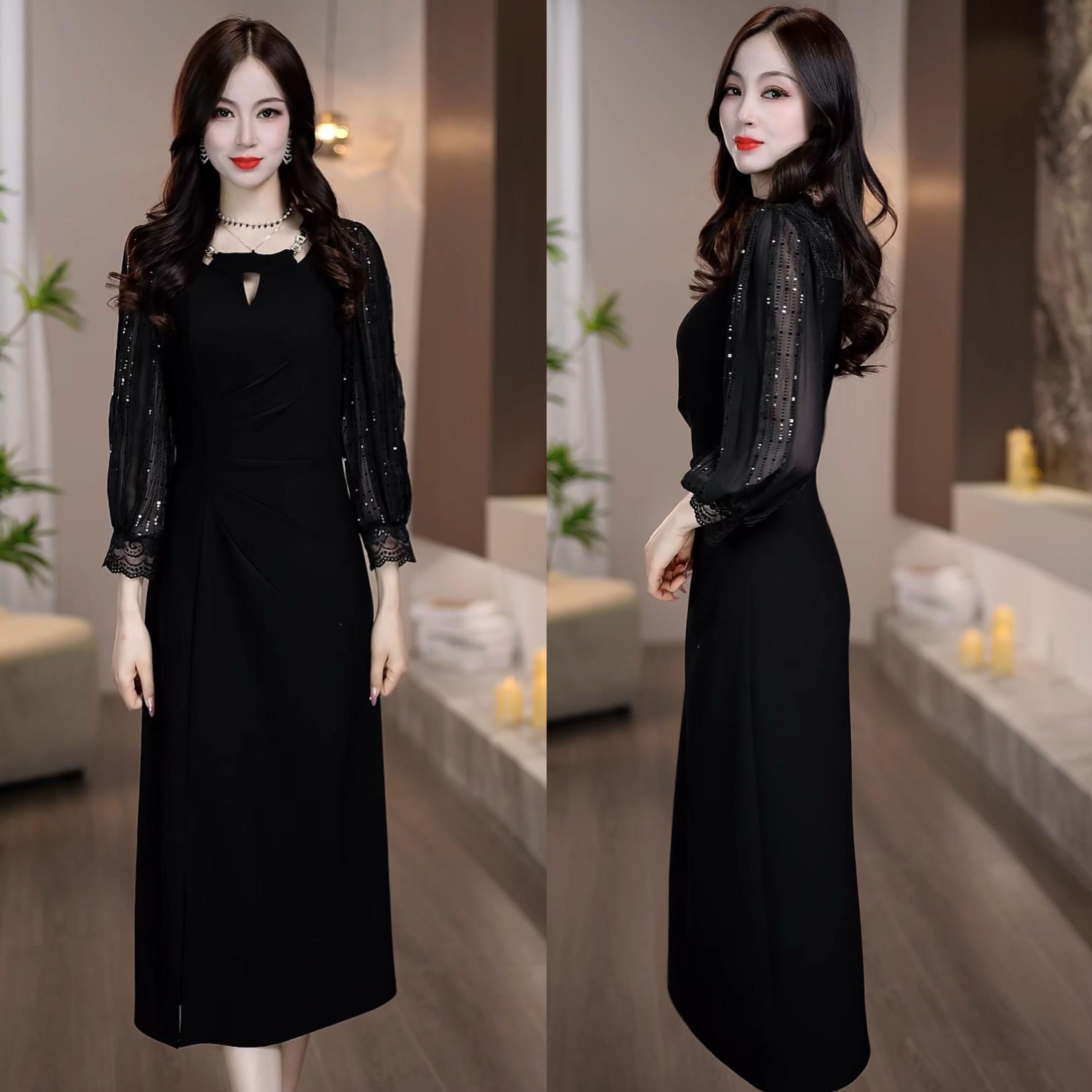 2025春款亮片半透设计显瘦气质收腰袖亲肤垂顺中长款连衣裙M-4XL