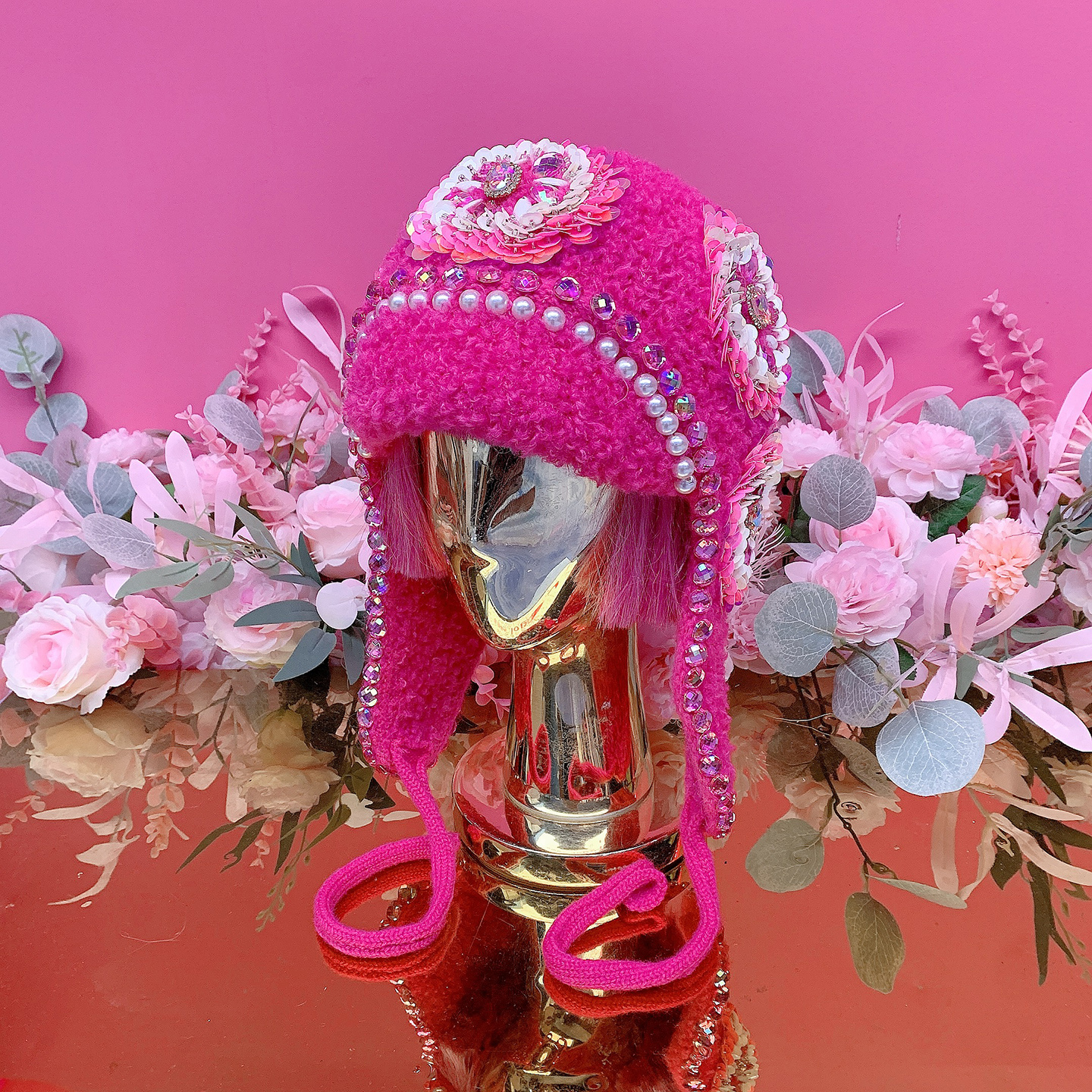 X22606欧美设计师2025秋季新款重工钉珠刺绣立体花朵毛线帽子女