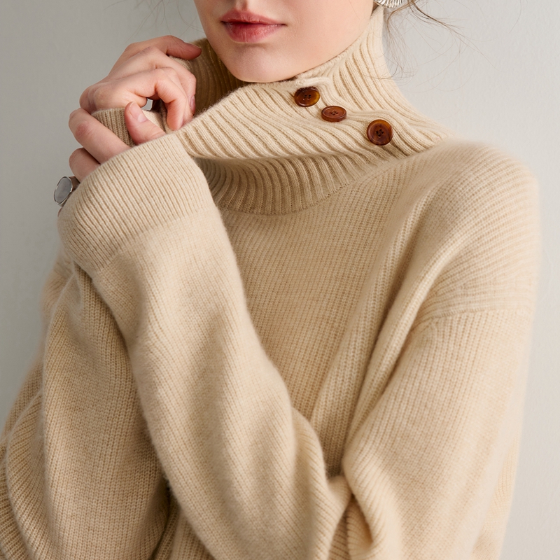 慵懒气质~高领斜扣套头100纯山羊绒衫女宽松毛衣2025秋冬针织打底