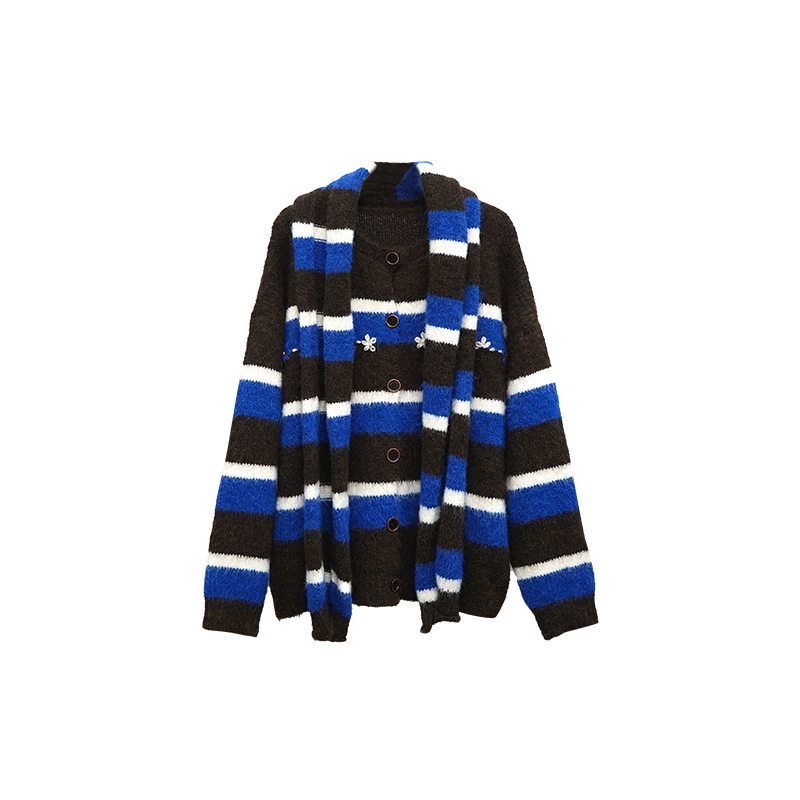 针织毛针织衫慵懒风长袖条纹毛衫拼接蓝色针织衫秋季 ZW-24