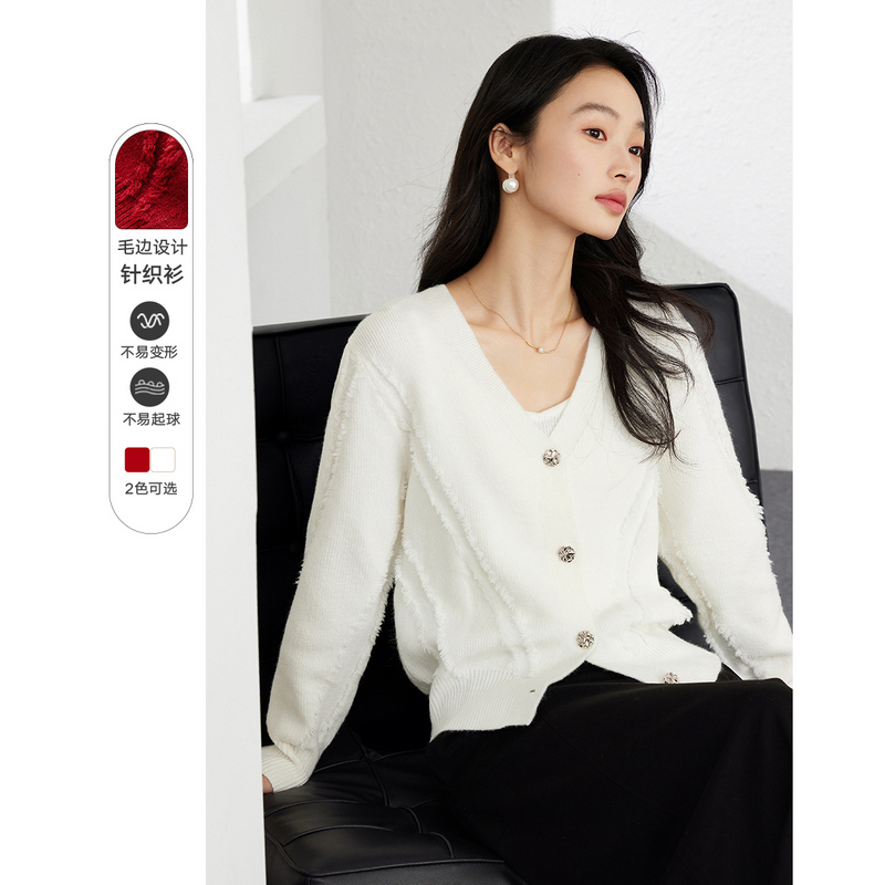 *梵希蔓优雅气质V领针织衫秋高弹毛边设计针织开衫72780/73352