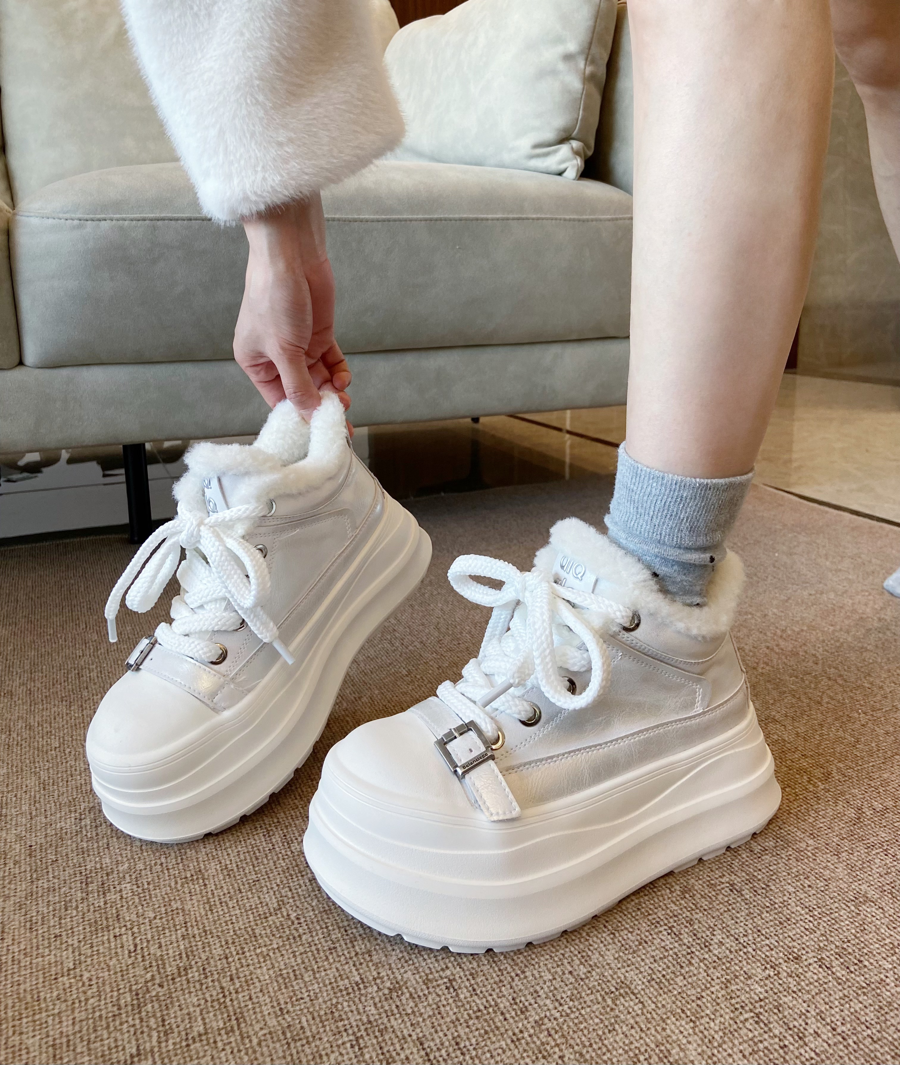 2025冬季新款真皮厚底增高毛毛口休闲鞋加绒保暖防滑百搭舒适轻便