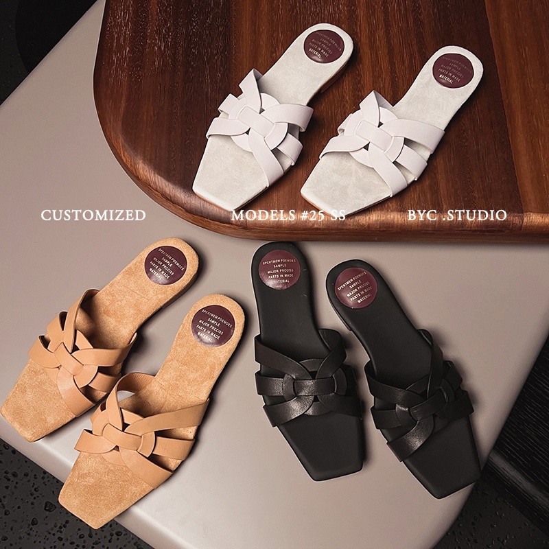 【阿妍】头层羊皮编织镂空方头平底拖鞋女简约休闲时尚凉拖鞋