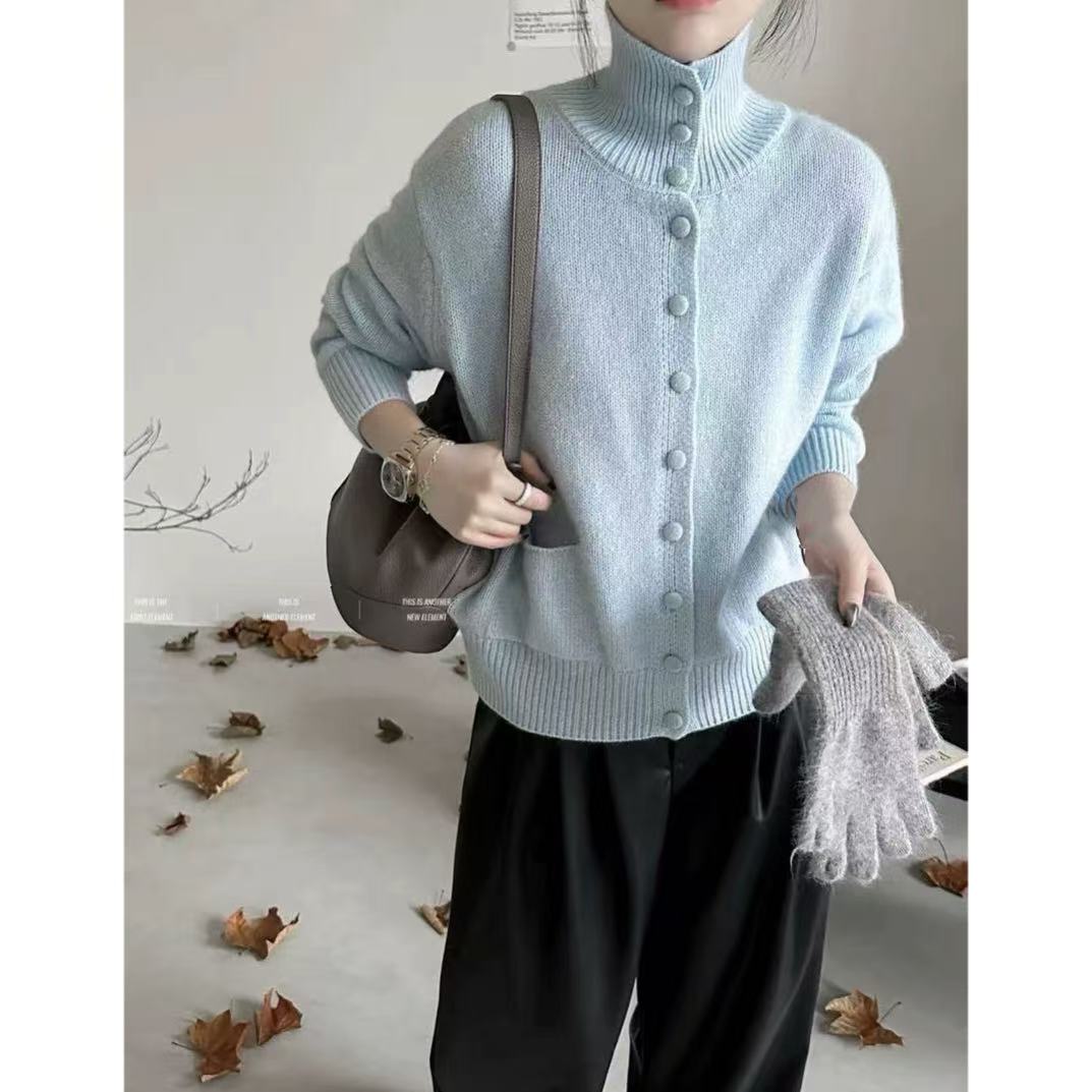 丽丽家~湖蓝开衫百搭宽松纯色圆领半高领秋冬翻领毛衣