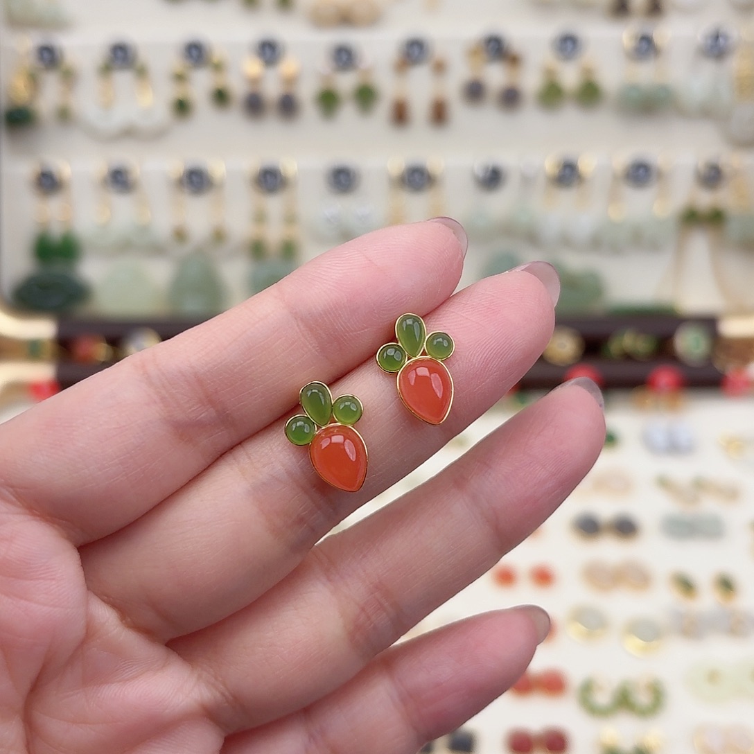 银S925镶嵌和田玉耳饰和田玉➕南红