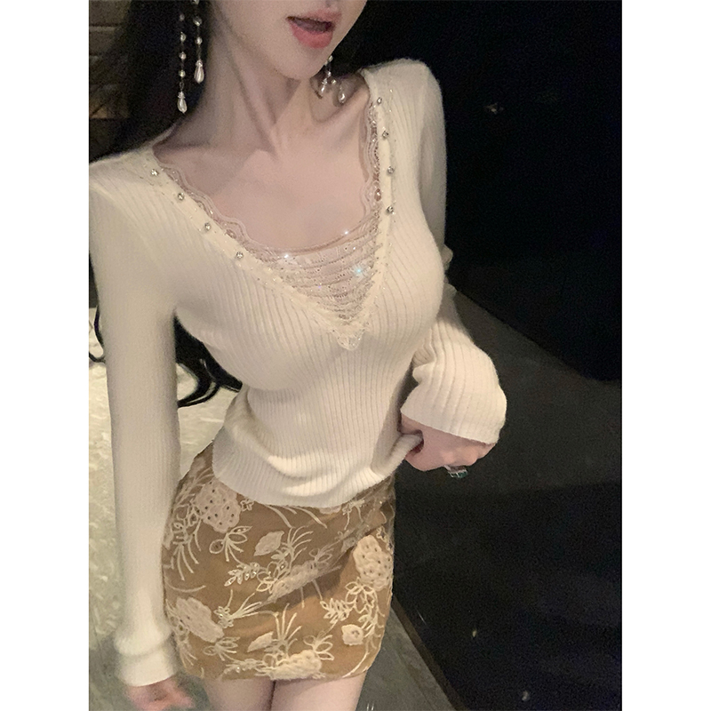 【星钻闪耀】秋冬新款内搭水晶链蕾丝花边重工设计感针织打底上衣