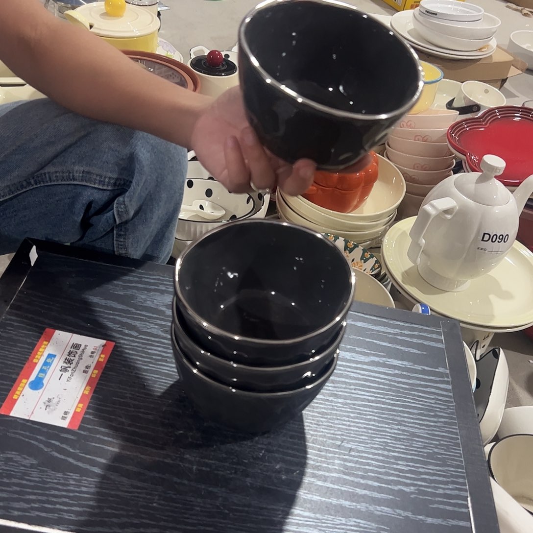 瓷片微瑕处理清仓灰色银边碗4个